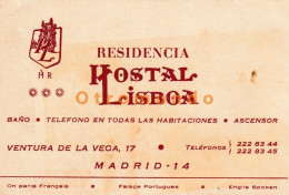 Delcampe - CARD ADVERTISING RESIDENCIA HOSTAL LISBOA MADRID ESPAÑA MAP - Werbung