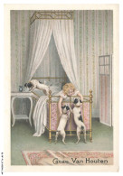 Delcampe - BL-BFP1-0083-CHROMOS - CHOCOLAT VAN HOUTEN - Jeune Fille Dans Son Lit Avec Des Chiens 16.5 X 11.5 CM - Van Houten