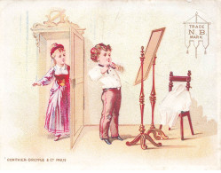 Delcampe - MIKIH-CHROMO- 0035 TRADE N.B. MARK HOMME ESSAYANT DES VETEMENTS GONTHIER DREYFUS - Autres & Non Classés
