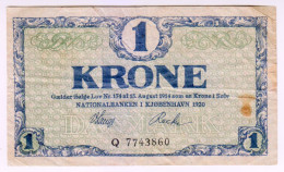 Delcampe - 1920 Denmark 1 Krone 7743860 Paper Banknote Money Currency - Denmark