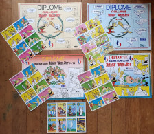Delcampe - RARE 4 DIPLOMES AVEC 5 PLANCHES DE 8 AUTOCOLLANTS FFJDA ASTERIX 1988 à 1995 - Werbeobjekte
