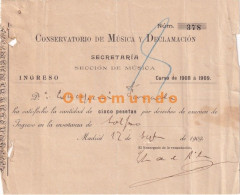 Delcampe - 2 RECIBOS CURSO CONSERVATORIO DE MUSICA Y DECLAMACION MADRID ESPAÑA 1909 - Spanien
