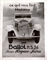 Delcampe - Publicité Papier  VOITURE BALLOT HS 26 HISPANO SUIZA Année 1931 FEA - Werbung