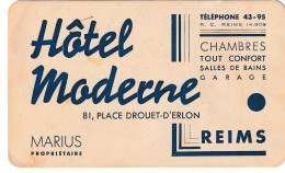 Delcampe - Carton Publicitaire Publicité (51) REIMS 81 Place Drouet-d'Erlon Hôtel Moderne Propriétaire MARIUS Note Au Dos - Werbung