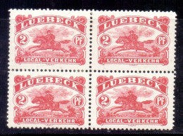Delcampe - ALLEMAGNE POSTES PRIVEES LÜBECK 2 Pf Bloc De Quatre Postier A Cheval 1888 - Pferde