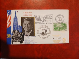 Delcampe - 1985 STRASBOURG      Timbre Conseil Europe  FLAMME SESSION PRESIDENT ETATS UNIS  RONALD REAGAN - Non Classés