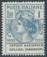 Delcampe - 1924 REGNO ENTE PARASTATALE COLLOC. DISOCCUP. 1 LIRA MNH ** - I12-8 - Zonder Portkosten