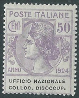 Delcampe - 1924 REGNO ENTE PARASTATALE COLLOC. DISOCCUP. 50 CENT MNH ** - I11 - Zonder Portkosten