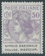 Delcampe - 1924 REGNO ENTE PARASTATALE COLLOC. DISOCCUP. 50 CENT MNH ** - I10-5 - Zonder Portkosten