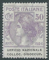 Delcampe - 1924 REGNO ENTE PARASTATALE COLLOC. DISOCCUP. 50 CENT MNH ** - I14-2 - Zonder Portkosten