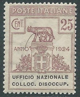 Delcampe - 1924 REGNO ENTE PARASTATALE COLLOC. DISOCCUP. 25 CENT MNH ** - I6-7 - Zonder Portkosten