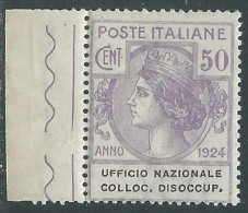 Delcampe - 1924 REGNO ENTE PARASTATALE COLLOC. DISOCCUP. 50 CENT BORDO FOGLIO MNH ** - I9-6 - Zonder Portkosten