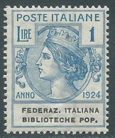 Delcampe - 1924 REGNO ENTE PARASTATALE BIBLIOTECHE POP. 1 LIRA MNH ** - I5 - Zonder Portkosten