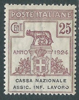 Delcampe - 1924 REGNO ENTE PARASTATALE ASSIC. INF. LAVORO 25 CENT "O" ROTTA MNH ** - I5-8 - Zonder Portkosten