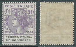 Delcampe - 1924 REGNO ENTE PARASTATALE BIBLIOTECHE POP. 50 CENT MNH ** - I1-8 - Zonder Portkosten