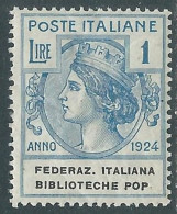 Delcampe - 1924 REGNO ENTE PARASTATALE BIBLIOTECHE POP. 1 LIRA PUNTO PICCOLO MNH ** - I1-5 - Zonder Portkosten