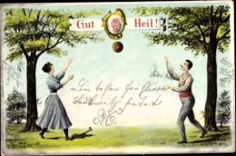 Delcampe - Lithographie Gut Heil, Turner, Paar Mit Einem Ball - Sonstige & Ohne Zuordnung