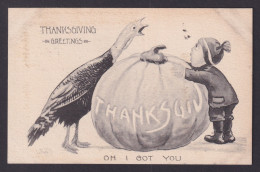 Delcampe - UNITED STATES, Postcard, Thanksgiving Greetings, Boy And Turkey - Thanksgiving