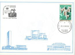 Delcampe - UN BUILDINGS, DONAUPARK WIEN SCULPTURE STAMP, AIXPO'80 AACHEN CROWN POSTMARK, SPECIAL POSTCARD, 1980, WIEN UN AUSTRIA; - ONU