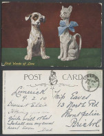 Delcampe - Cat Kitten & Dog Puppy First Words Of Love 1910 Old Colour Postcard Pets Animals - Katten
