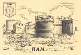 Delcampe - DEPT 80 -CPSM - HAM (SOMME) LA SALLE DES FETE -ED. KSP -DESSIN LITHOGRAPHIE Du Chateau - Ham