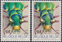 Delcampe - Belgique 1971 COB 1613. 2 Couleurs Différentes, Cicindèle Champêtre, Coléoptère Prédateur Vert Du Zoo D'Anvers. - Käfer