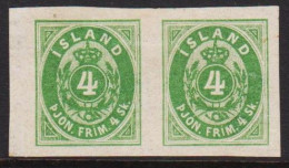 Delcampe - 1873. ISLAND. Official. Skilling. 4 Skilling Green. IMPERFORATED PAIR. Thin Rever... (Michel D1 IMPERFORATED) - JF570430 - Service