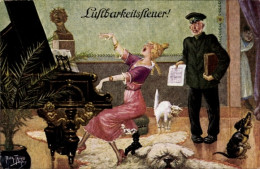 Delcampe - Artiste CPA Thiele, Arthur, Steuerquellen, Lustbarkeitssteuer, Sängerin Am Klavier, Dackel - Sonstige & Ohne Zuordnung