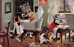 Delcampe - Artiste CPA Thiele, Arthur, Vermenschlichte Katzen Beim Waschen - Sonstige & Ohne Zuordnung
