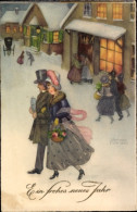 Delcampe - Artiste CPA Petersen, Hannes, Glückwunsch Neujahr, Dorf Im Winter, Elegantes Paar - Sonstige & Ohne Zuordnung