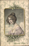 Delcampe - Passepartout CPA Fröhliches Neujahr, Junge Frau, Portrait, Mistelzweige, Munk Nr 229 - Sonstige & Ohne Zuordnung