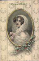 Delcampe - Artiste CPA R. V. Wichera, Glückwunsch Neujahr, Frauenbildnis, Stechpalme - Sonstige & Ohne Zuordnung