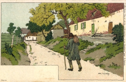 Delcampe - Artiste CPA Mann Mit Gehstock, Wohnhäuser, Straße - Sonstige & Ohne Zuordnung