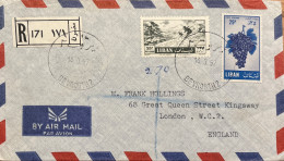 Delcampe - Lebanon 1957 Registered Airmail Beirut To London – Skiing & Grapes Franking - Libanon