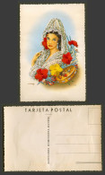 Delcampe - Spain Silk Embroidered Old Postcard Spanish Woman Lady, Lace Headscarf & Flowers - Non Classés
