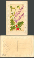 Delcampe - WW1 SILK Embroidered Old Postcard Christmas Greetings, Holly, Mistletoe, Novelty - Non Classés