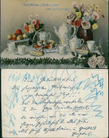Delcampe - Geburtstag Birthday Stillleben Edles Service Rosen Kuchen 1911 Silberprägung - Birthday