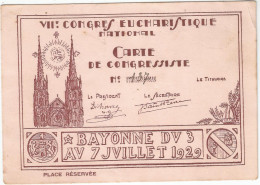 Delcampe - BAYONNE , VII ° CONGRES EUCHARISTIQUE DE JUILLET 1929 : UN CARTE DE CONGESSISTE - Tessere Associative
