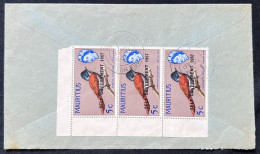 Delcampe - 1968 Mauritius Birds Paradise Flycatcher Strip Of Three Bank Of Mauritius Received Cover - Mauritius (1968-...)