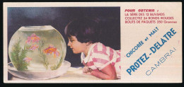 Delcampe - Buvard  21,8 X 9,8 Chicorée Et Malt PROTEZ-DELATRE Cambrai (Nord) Fillette Devant Un Aquarium Poissons Rouges - Kaffee & Tee
