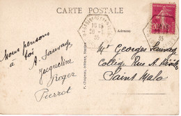 Delcampe - SEMEUSE 20C LILAS CARTE NANTES CACHET HEX MAGASINS 28.1.35 LOIRE INFRE - Manual Postmarks