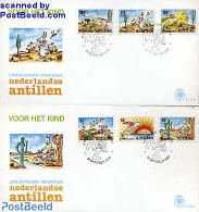 Delcampe - Netherlands Antilles 1990 Child Welfare FDC (2 Envelopes), First Day Cover, Sport - Cycling - Art - Children's Books I.. - Radsport