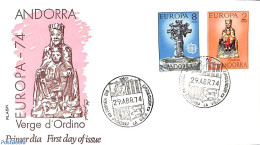 Delcampe - Andorra, Spanish Post 1974 Europa CEPT, Sculptures 2v, First Day Cover, History - Religion - Europa (cept) - Religion .. - Briefe U. Dokumente