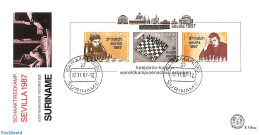 Delcampe - Suriname, Republic 1987 Chess Games Sevilla S/s, First Day Cover, Sport - Chess - Schach
