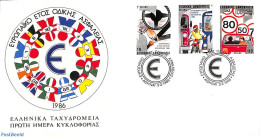 Delcampe - Greece 1986 European Traffic Safety 3v, First Day Cover, History - Transport - Europa Hang-on Issues - Automobiles - M.. - Lettres & Documents
