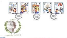Delcampe - Jersey 1985 International Youth Year 5v, First Day Cover, Sport - Transport - Various - Sailing - Scouting - Aircraft .. - Vela