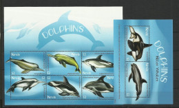 Delcampe - Nevis - 2009 - Dolphins - Yv 2077/82 + Bf 285 - Delfine