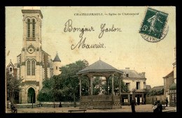 Delcampe - 86 - CHATELLERAULT - EGLISE DE CHATEAUNEUF ET KIOSQUE A MUSIQUE - CARTE TOILEE ET COLORISEE - Chatellerault