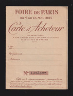 Delcampe - Carte D'acheteur - Foire De Paris Du 4 Au 18 Mai 1932 - Fabrique De Meubles Guy De Luca à Paris - Tickets - Entradas