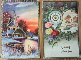 Delcampe - 2 Cartes Postales Fantaisie Anciennes Gelukkig Nieuwjaar Paysages, Moulin Dorures LOT 126 - Neujahr
